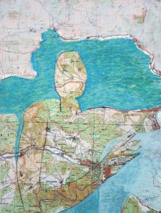 kleine Gebiete (3), 2005, Öl/Graphit auf Landkarte, 28 x 21 cm