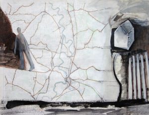 weggegangen, 2006, Mischtechnik auf Landkarte, 68,5 x 53 cm