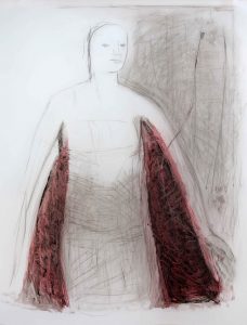 Serie Kleid (zwischen Dreiecken), 2014, Graphit/Farbstift/Kohle/Öl auf transparenter Folie, 120 x 90 cm